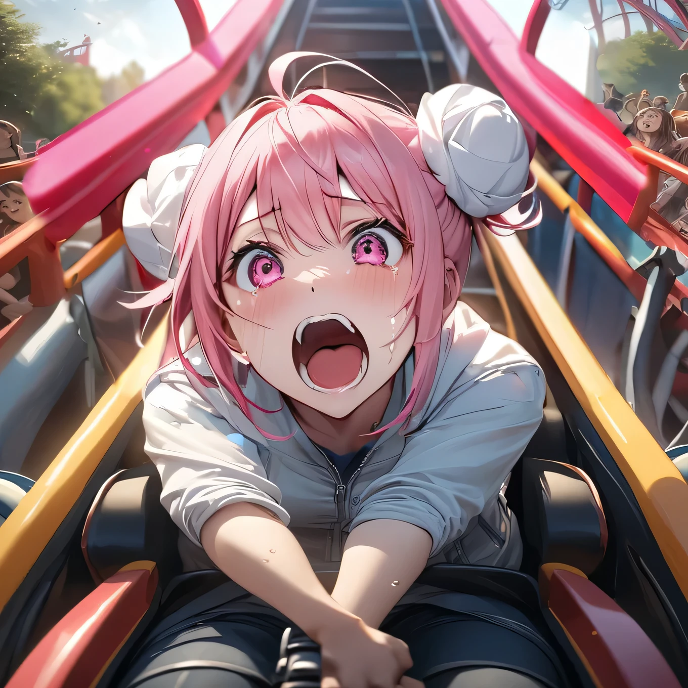 masterpiece, Highest quality, High resolution, {Detailed and beautiful eyes}, finely,  Detailed and beautiful eyes, (Hair Ribbon:0.4), Pink Eyes,(((White bun hair))),(((Long pink hair))),(((Screaming face))),(((Open your mouth wide and scream))),(((I'm crying because I'm scared))),(((Tears))),