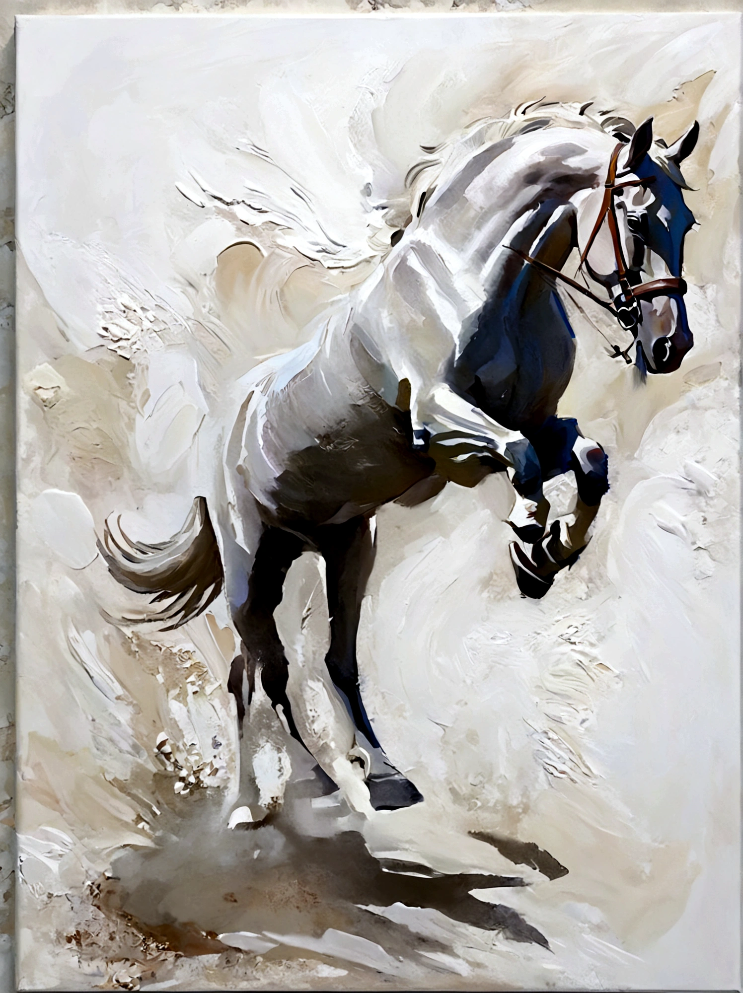 A white horse，Horse jumping in the air，Color portrait，vanilla，bright，White acrylic plaster background，real，emotion，Thick textured paint, 