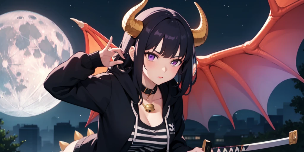 Beautiful woman, badass, sexy, holding katana, collar with bell around her neck, black jeans on her, black hoodie jacket on her, black and purple striped shirt under her hoodie, purple and black hair, dragon tail, dragon wings, black horns on head, large , shy expression, standing up, moon in background, outside, purple eyes, HD, 1080p, perfect quality, hyper realistic, detailed