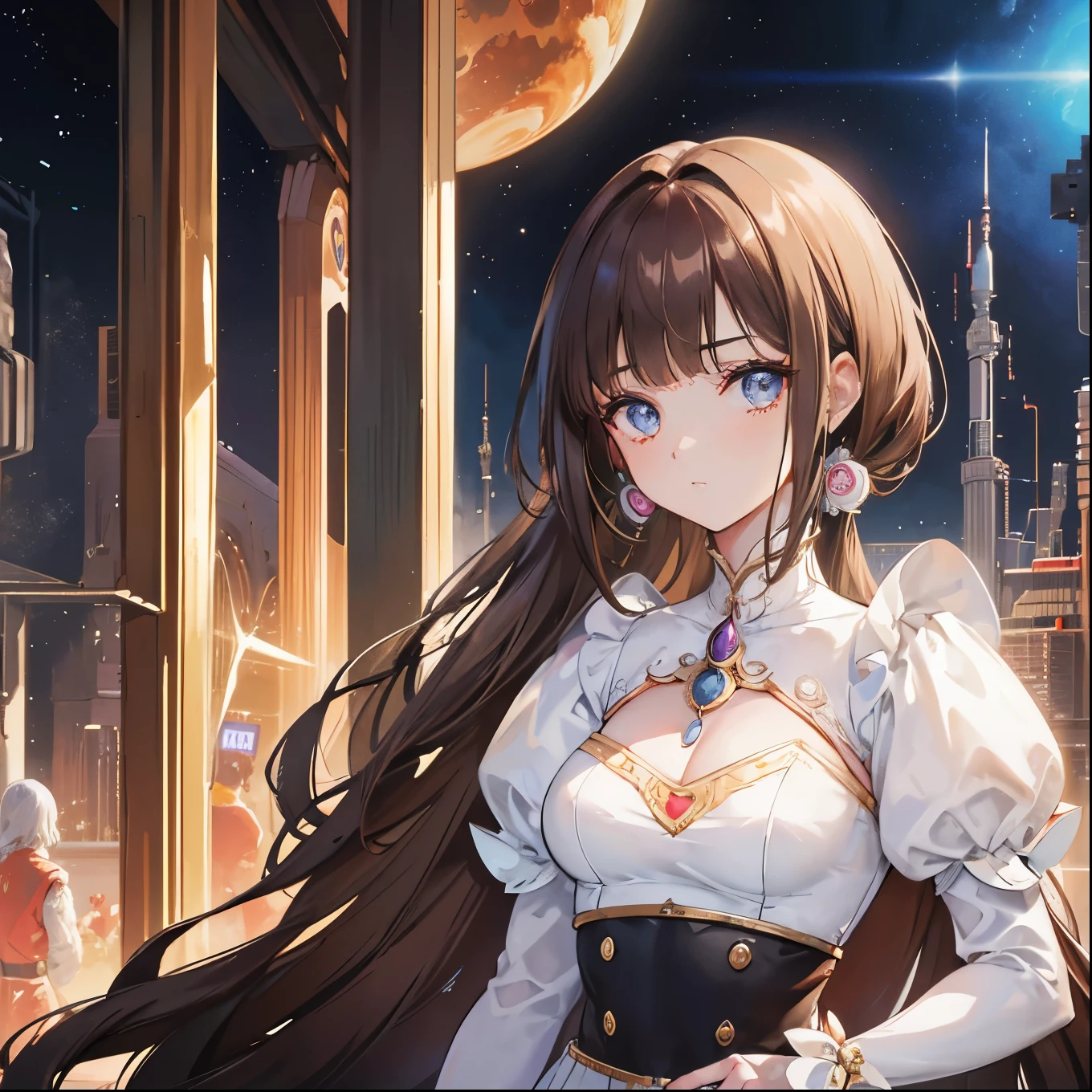 arafed image of a woman in a white dress standing in front of a group of people, 7 0 s sci - fi art, attractive brown hair woman, still frame from a movie, hypermaximalist, promotional render, by Menez, cosmic bjork, steam punk, velma, mars attacks, circa 1970, cp2077