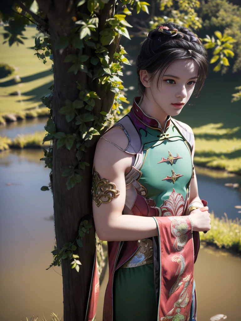 (((best quality))),(((ultra detailed))),(((masterpiece))),illustration, 1girl,solo,slim,thin,flat chest,small breasts, Brunette, Manchurian archer, summery subarctic forest,short ponytail, piercing green eyes, traditional Manchurian costume, vibrant blue, golden embroidery, pleated skirt, broad belt, deerskin boots, lush forest, tall trees, canopy of leaves, sunlight, crisp air, birds chirping, leaves rustling, serene setting, archery,(bow and arrow:1.3), grace and power, strength and resilience, natural beauty,((standing,upper body))