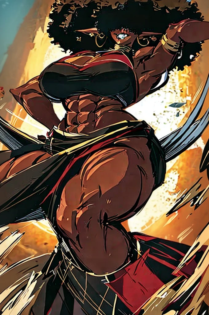 (masterpiece, best quality:1.2),1 girl, voluptuous body, full body, masterpiece, dominant pose, good anatomy, no extra limbs, big ass, thick thighs, black hair, voluminous afro, pointy ears, gold earrings, black top with red details, black skirt with red details, gold necklaces 