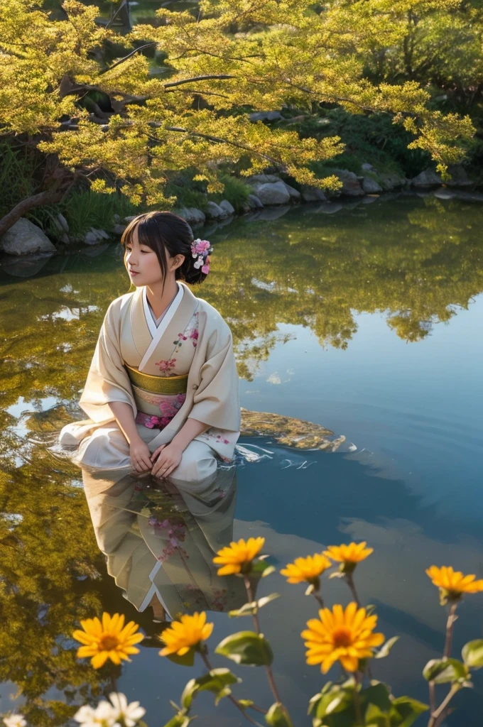 A beautiful Japanese girl wearing a gorgeous kimono、flower々Lying surrounded by。Her expression is calm、I have my eyes closed.、It's like being in a dream。肌はwhiteく滑らかで、There is a light red make-up on her cheeks.。Lips are naturally pink、Her beautiful features stand out。
Women have black shoulder-length hair、It spreads naturally。髪にはespecially装飾はなく、Emphasis on simple and natural beauty。The kimono she wears is、鮮やかなred色を基調とし、flower柄や葉の模様が繊細に描かれています。Although the kimono design is traditional,、The colors and patterns are very modern and artistic.。
Background、水面に浮かぶflower々It is filled with。flowerは多様で、red、orange、white、ピンクなどの色とりどりのflowerが散りばめられています。flowerびらは水に浮かび、The light reflects off the water surface and sparkles.。especially、It looks like the light of the morning sun or evening sun is shining in.、The fantastic atmosphere is further enhanced.。
The reflection of the water and the effect of light、Overall it gives a very dreamy and mysterious impression.。The amount of light and the placement of shadows are carefully calculated.、The line between reality and fantasy is becoming blurred。The overall color is soft.、Warm colours are used extensively、It is very visually pleasing。
This image is、It is a work that combines traditional Japanese beauty with contemporary art style.、Creates a strong visual and emotional impact。女性の静かな美しさとflower々The vividness of、And the perfect balance of light and shadow、It gives a sense of stillness and eternity, as if a moment had been captured.。This image is、Beauty and transience coexist、It's a very artistic piece.。