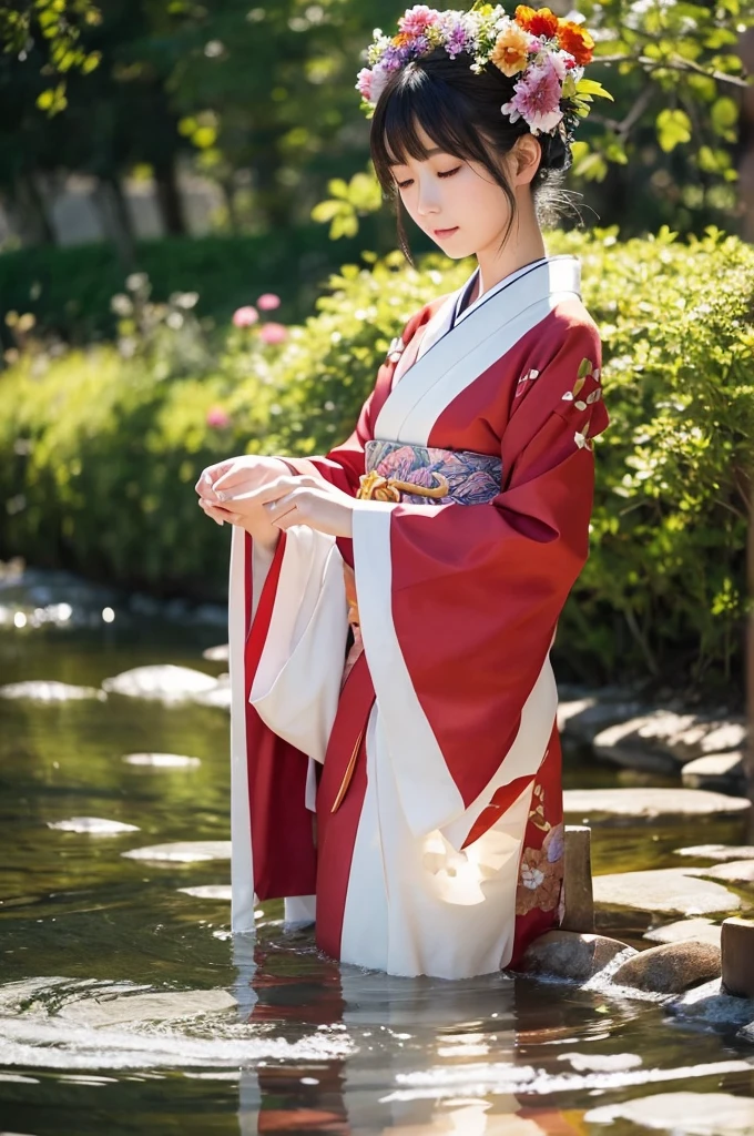 A beautiful Japanese girl wearing a gorgeous kimono、flower々Lying surrounded by。Her expression is calm、I have my eyes closed.、It's like being in a dream。肌はwhiteく滑らかで、There is a light red make-up on her cheeks.。Lips are naturally pink、Her beautiful features stand out。
Women have black shoulder-length hair、It spreads naturally。髪にはespecially装飾はなく、Emphasis on simple and natural beauty。The kimono she wears is、鮮やかなred色を基調とし、flower柄や葉の模様が繊細に描かれています。Although the kimono design is traditional,、The colors and patterns are very modern and artistic.。
Background、水面に浮かぶflower々It is filled with。flowerは多様で、red、orange、white、ピンクなどの色とりどりのflowerが散りばめられています。flowerびらは水に浮かび、The light reflects off the water surface and sparkles.。especially、It looks like the light of the morning sun or evening sun is shining in.、The fantastic atmosphere is further enhanced.。
The reflection of the water and the effect of light、Overall it gives a very dreamy and mysterious impression.。The amount of light and the placement of shadows are carefully calculated.、The line between reality and fantasy is becoming blurred。The overall color is soft.、Warm colours are used extensively、It is very visually pleasing。
This image is、It is a work that combines traditional Japanese beauty with contemporary art style.、Creates a strong visual and emotional impact。女性の静かな美しさとflower々The vividness of、And the perfect balance of light and shadow、It gives a sense of stillness and eternity, as if a moment had been captured.。This image is、Beauty and transience coexist、It's a very artistic piece.。