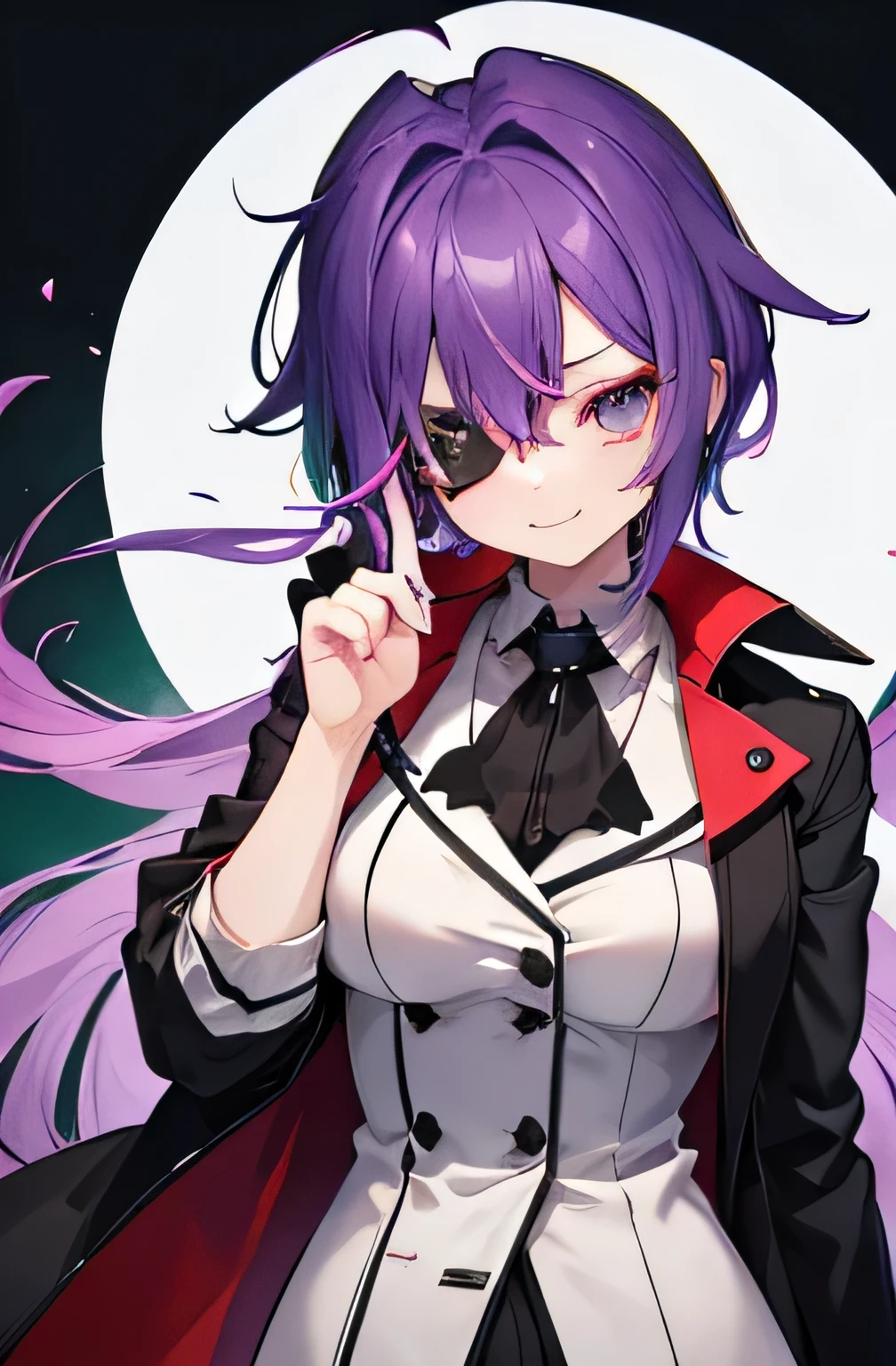 One Woman、Two-tone green and purple hair、Hairstyle、Superlong、Red right eye、Slanted Eyes、Black eye patch、whole body、Are standing、White trench coat、smile、Place the index finger of your right hand over your mouth, eyepatch, first-person view, UHD, anatomically correct, super detail