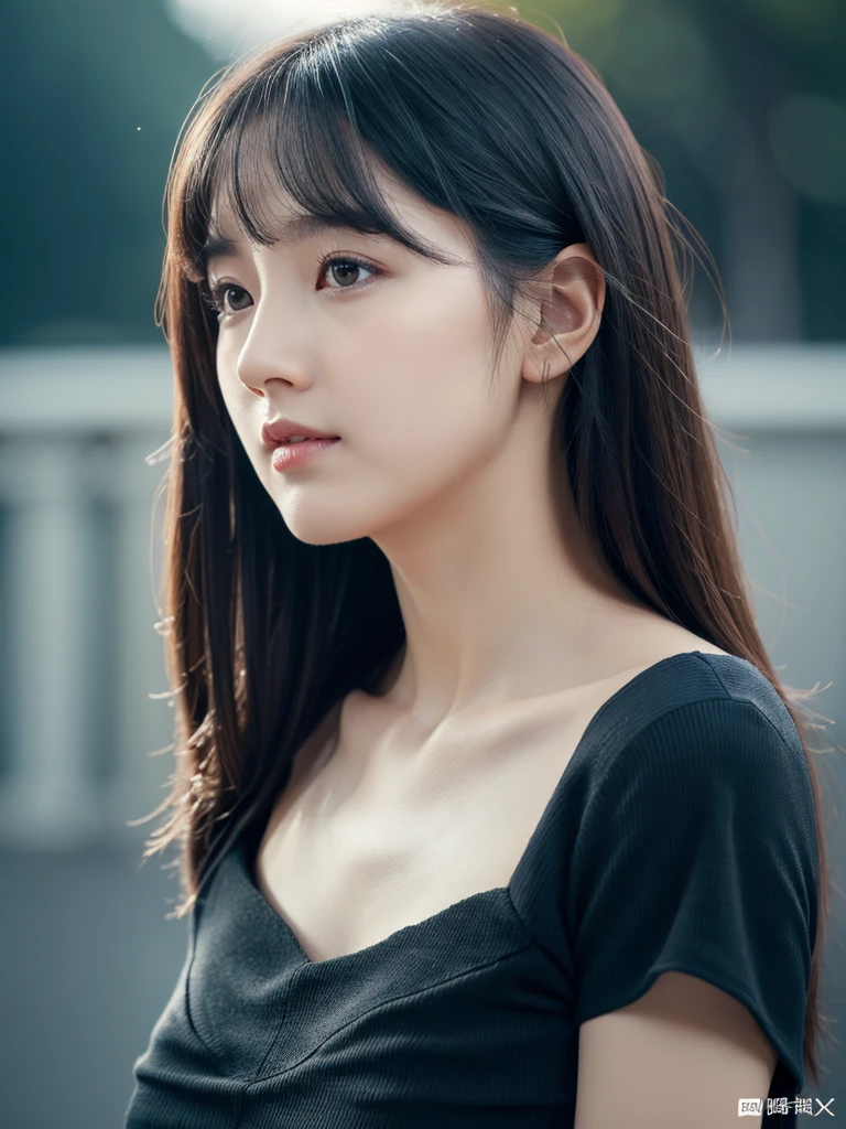 best quality, masterpiece, Highres, 1girl, black eyes, Beautiful and perfect face, long black hair with Layer Cut, Simple and tight dress, Complex Details, Cinematic feel, 8K, highlydetailed、Big hot from the waist up、hand on own chest, Distract your gaze、turning sideways、sideshot