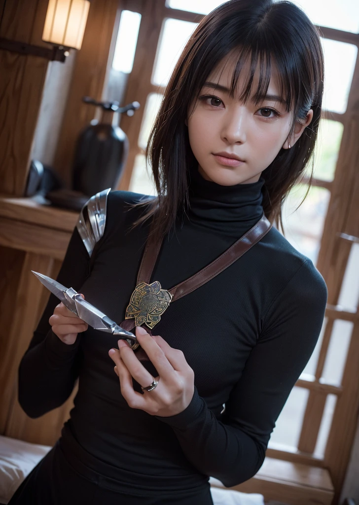 （Realistic, photo-Realistic:1.37),(8k, RAW Photos, Highest quality, masterpiece:1.2), cute, Ultra-detailed, 超High resolution, Kodak Vision Color, Filmed with an Arricam LT camera,Highest quality, sexy、Nipples are visible、Cleavage、Lively, 8K, High resolution, 1 girl, Escape, (Professional Lighting), (Portraiture:0.6), Arima Onsen townscape、Straight bangs、 Black Hair, (Medium Hair）,21 years old、slender、Japanese，Medium Hair、(RAW shooting, Photorealistic:1.5, 8k, Highest quality, masterpiece, 超High resolution), Sengoku, 火 thing, War 火s raging everywhere:1.3, Perfect dynamic composition:1.2, Highly detailed skin and facial textures:1.2, Slim female ninja holding a sharp dagger:1.3, Fight:1.2, beautifully、aesthetic, キュートでsexyな美女, Perfect Style:1.2, Wear an exquisite ring, Fair skin, Very beautiful face, A faint smile, (Wearing a turtleneck ninja outfit),  Cowboy Shot, No mask, ninjitsu pose, Neon Light, ninjitsu style, Magic Light, Chakra Light, aura
