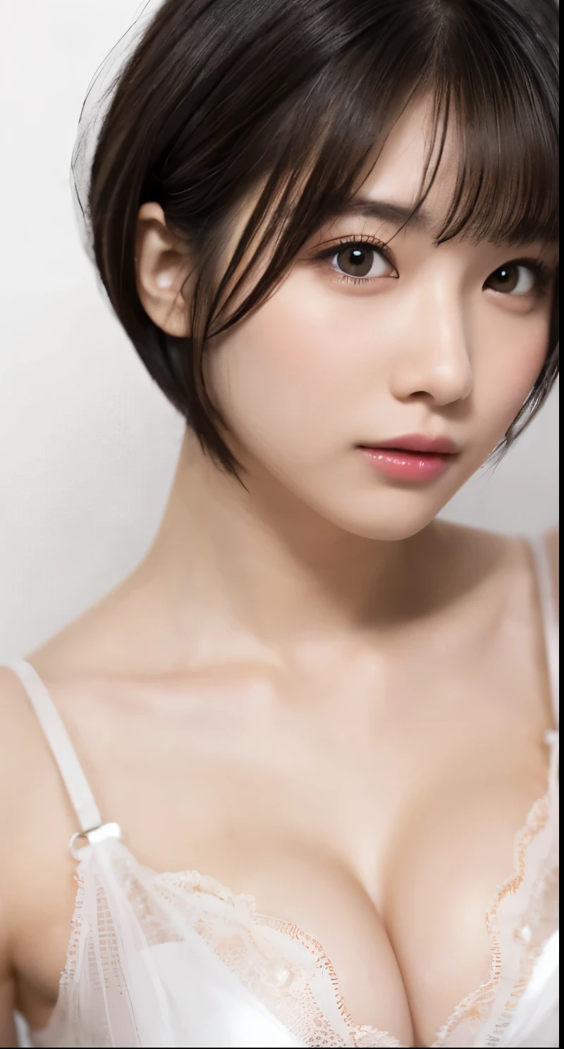 1 Girl,A beautifully detailed face:1.3、 ((very small flat chest:1.7))、(A see-through camisole with a wide chest:1.7), ((Wearing makeup:1.6))、Pink Eyeshadow:1.6、((Looking at the camera:1.4))、Very beautiful Japanese idol portraits, ((Small breasts:1.6))、(RAW Photos, Highest quality), (Realistic, Realistic:1.4), (masterpiece), Very delicate and beautiful, Very detailed, 2k wallpaper, wonderful, finely, Very detailed CG Unity 8K 壁紙, Very detailed, High resolution, Soft Light, 
Beautiful detailed girl, Very detailed目と顔, Beautiful and sophisticated nose, Big beautiful eyes, Cinema Lighting, 
(Simple and solid background:1.3),
(Blonde short bob cut:1.5), (Parted bangs), 
Complete Anatomy, Slender body,Very small breasts, Sensual look