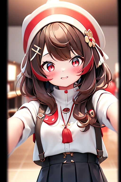 One girl,Selfie,selfie,Red eyeshadow, Brown Hairロングヘアー,Korean beauty style,Feminine fashion female characters,White shirt,Black Mini Skirt,smile, Close your mouth,alone,Natural pose,Brown Hair,bracelet,Similar to VIVIZ's UMJI,Korean Style,Korean,かわいいKorean,Natural Makeup,cute,Earrings,Depth of written boundary