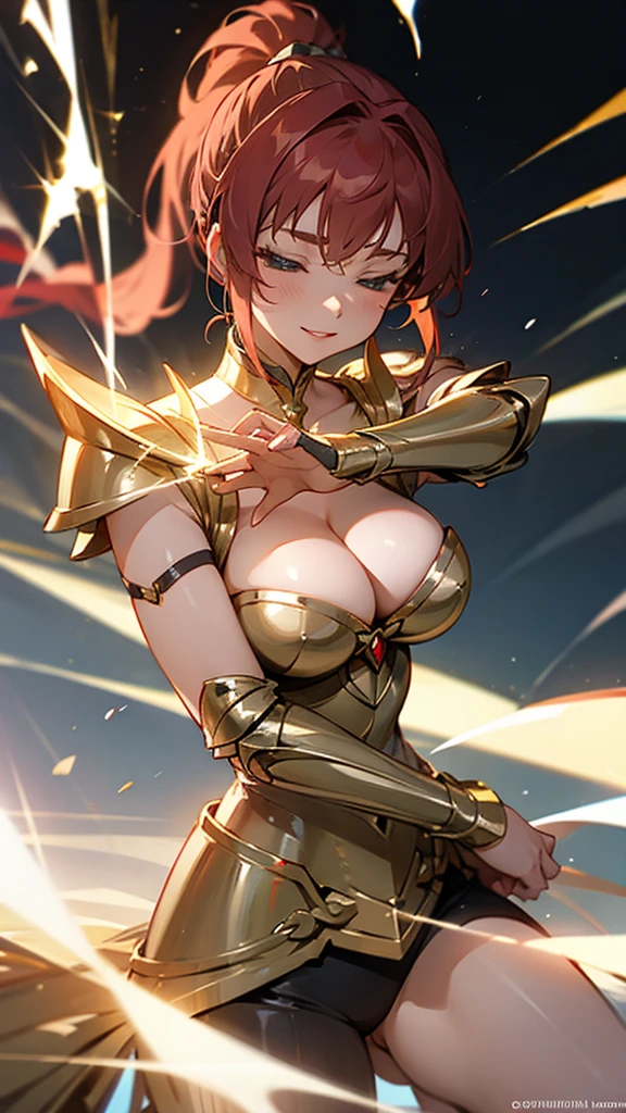 Gold Armor, 4K image, rallies, best quality, masterpiece, movie lighting ,Sexy,Large Breasts,Cleavage,action,In battle,cleavage,noble,Light beams from hands,Golden lightning all around,red hair,ponytail hairstyle,Saint Seiya Capricorn,Close eyes,lipstick,Smile,calm,The sky is shattered