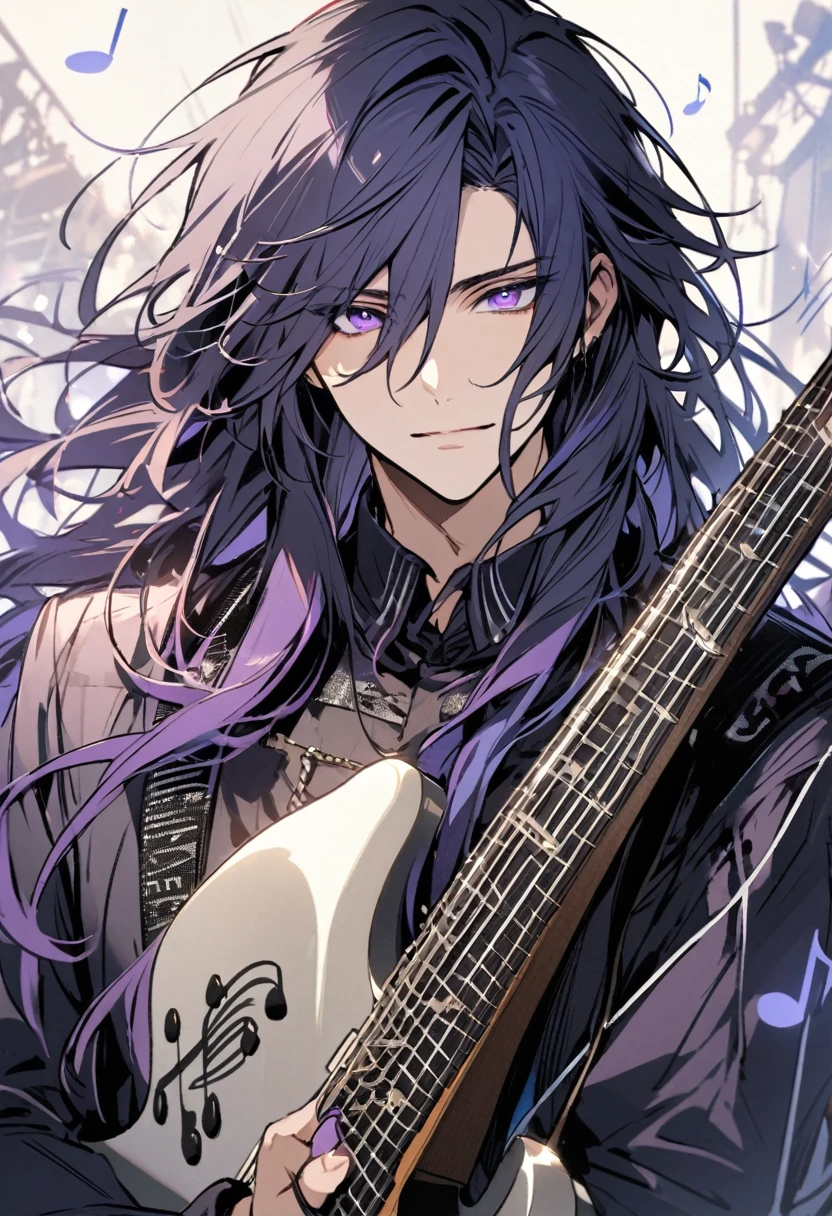 male, handsome, parted bang, long hair, navy hair, musician, purple eyes, music notes, main face, front face