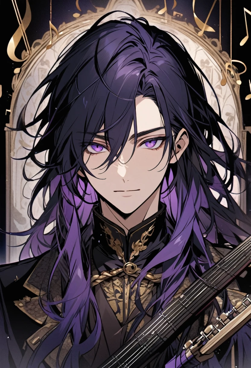 male, handsome, parted bang, long hair, navy hair, musician, purple eyes, music notes, main face, front face