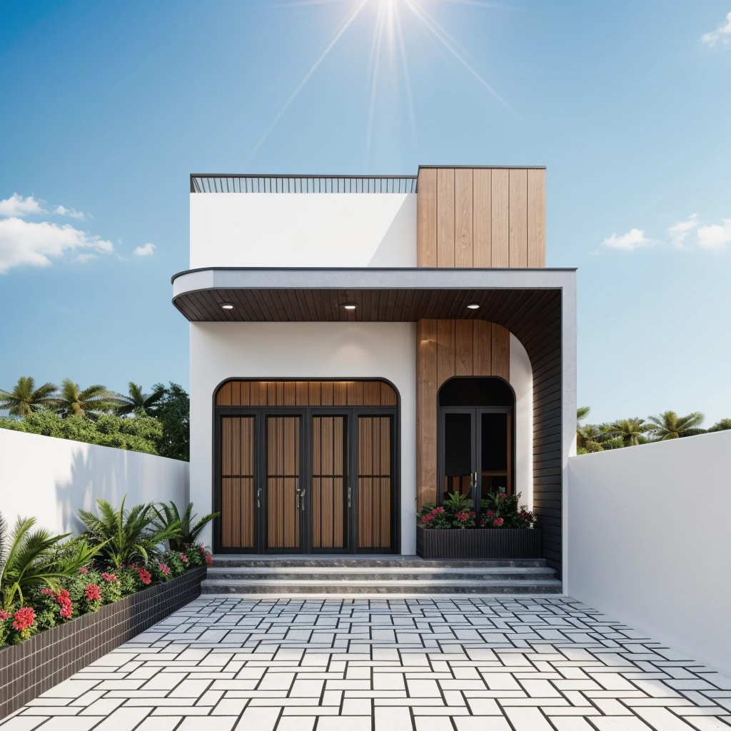 PLATFORM KTHOUSE ,1 MORDEN house, The town house is made from white walls, beautyful light, beautyfulday, sunny, Many red bougainvilleas along the road:1.3, lovely youthful feeling :1.2, sunlight at 12 noon, Very beautiful shadows