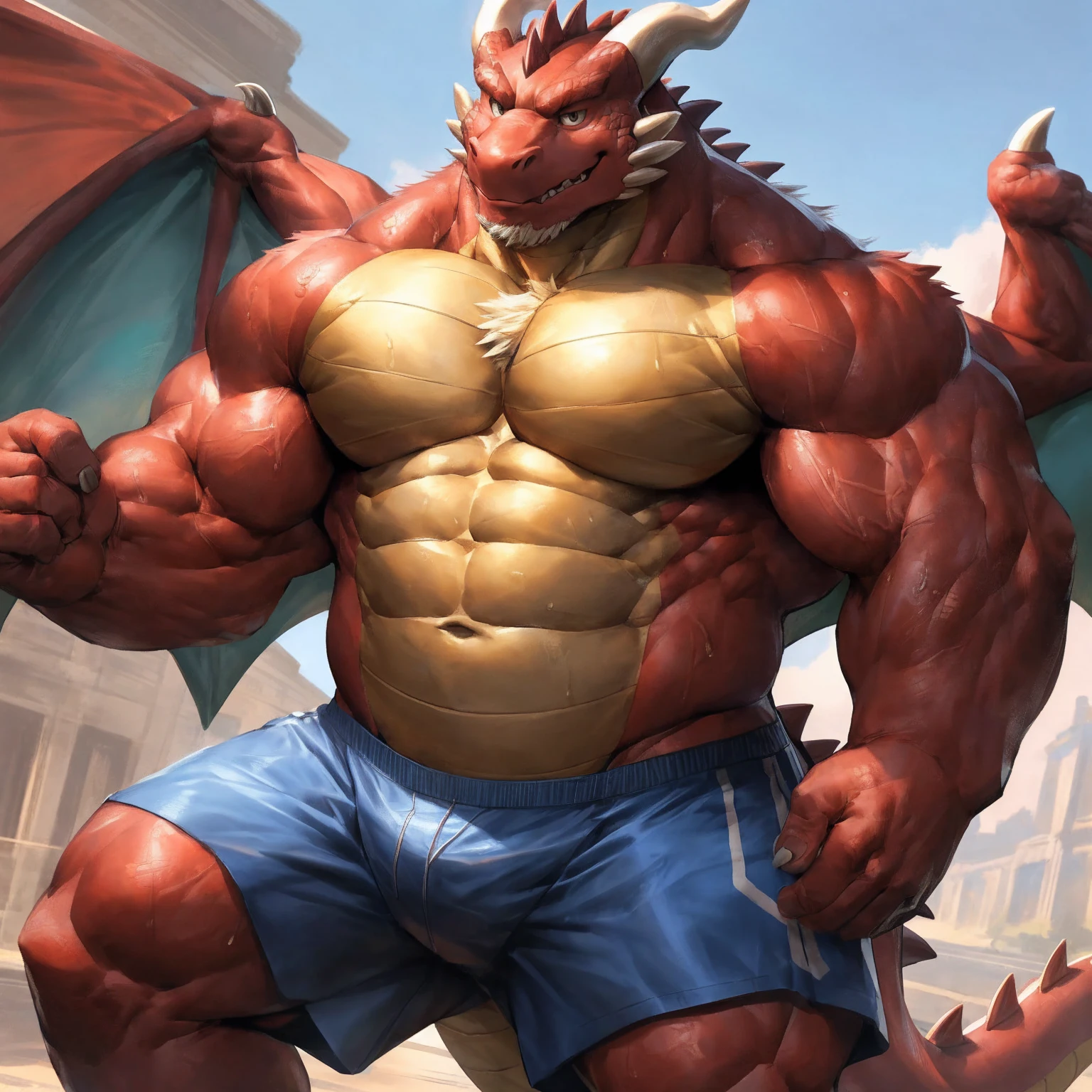 human nature, cannon, male, solitary, ((the strong，Handsome)), ((dragon) fur), Chibo，Six-pack abs，(School Background)，Blue shorts，Sweat:1.3,White Socks，high quality, (4k,high quality, high resolution, masterpiece), Front view (close up), cartoon,by lindong