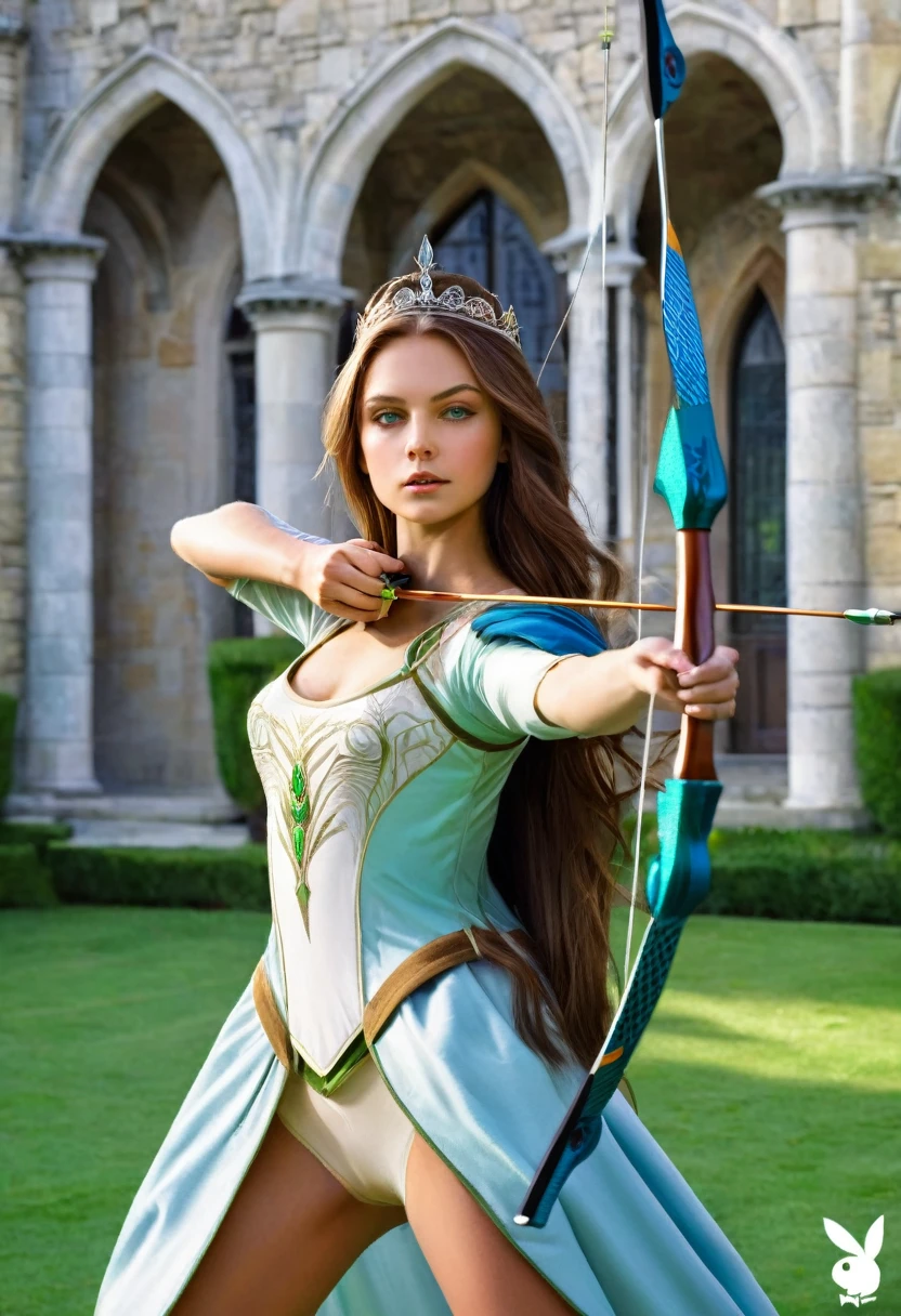 Create an illustration of a beautiful young queen with long brown hair and striking green eyes. She has slim lips and an air of grace. The scene is set in a grand castle courtyard where she is practicing archery. The queen is poised and focused, holding a bow and arrow, with the castle's majestic architecture as the backdrop."