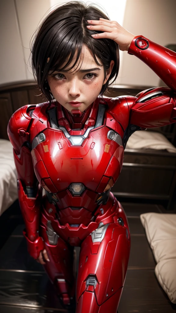 Highest quality　8k Red Iron Man Suit Girl　Middle-aged women　Sweaty face　cute　short hair　boyish　Steam coming out of my head　My hair is wet with sweat　The feel of black hair　Full body portrait　My upper body is soaked　 　I can see the vagina　Lying in bed