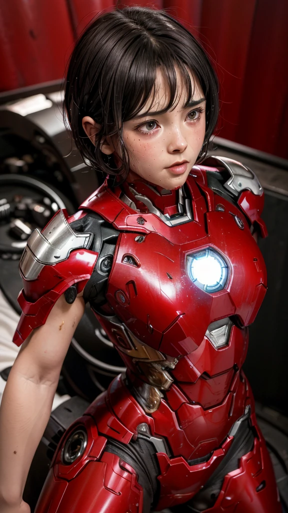 Highest quality 8k Red Iron Man Suit Girl Middle-aged women Sweaty face cute short hair boyish Steam coming out of my head My hair is wet with sweat The feel of black hair Full body portrait My upper body is soaked I can see the vagina Lying in bed