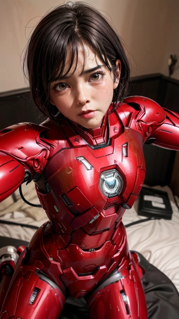 Highest quality 8k Red Iron Man Suit Girl Middle-aged women Sweaty face cute short hair boyish Steam coming out of my head My hair is wet with sweat The feel of black hair Full body portrait My upper body is soaked I can see the vagina Lying in bed