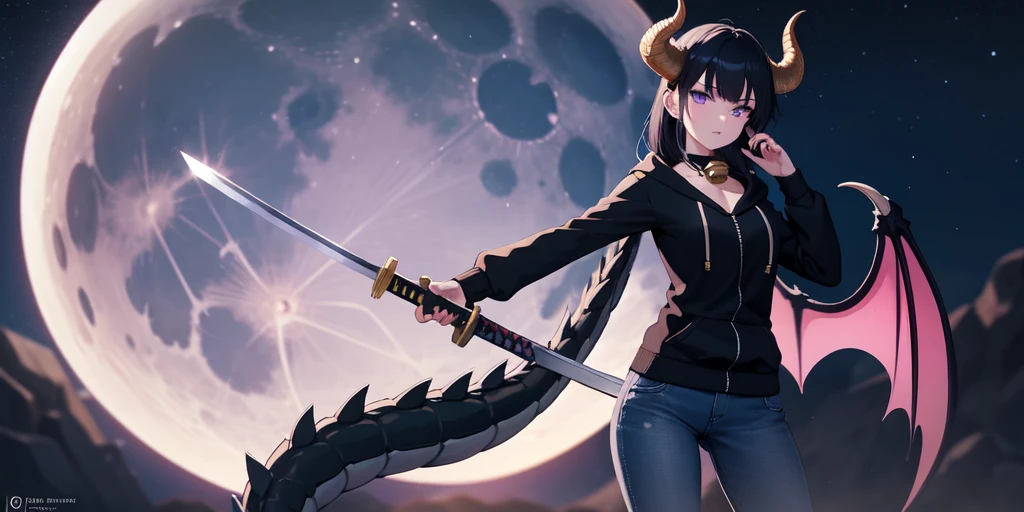 Beautiful woman, badass, sexy, holding katana, collar with bell around her neck, black jeans on her, black hoodie jacket on her, black and purple striped shirt under her hoodie, purple and black hair, dragon tail, dragon wings, black horns on head, large , shy expression, standing up, moon in background, outside, purple eyes, HD, 1080p, perfect quality, hyper realistic, detailed