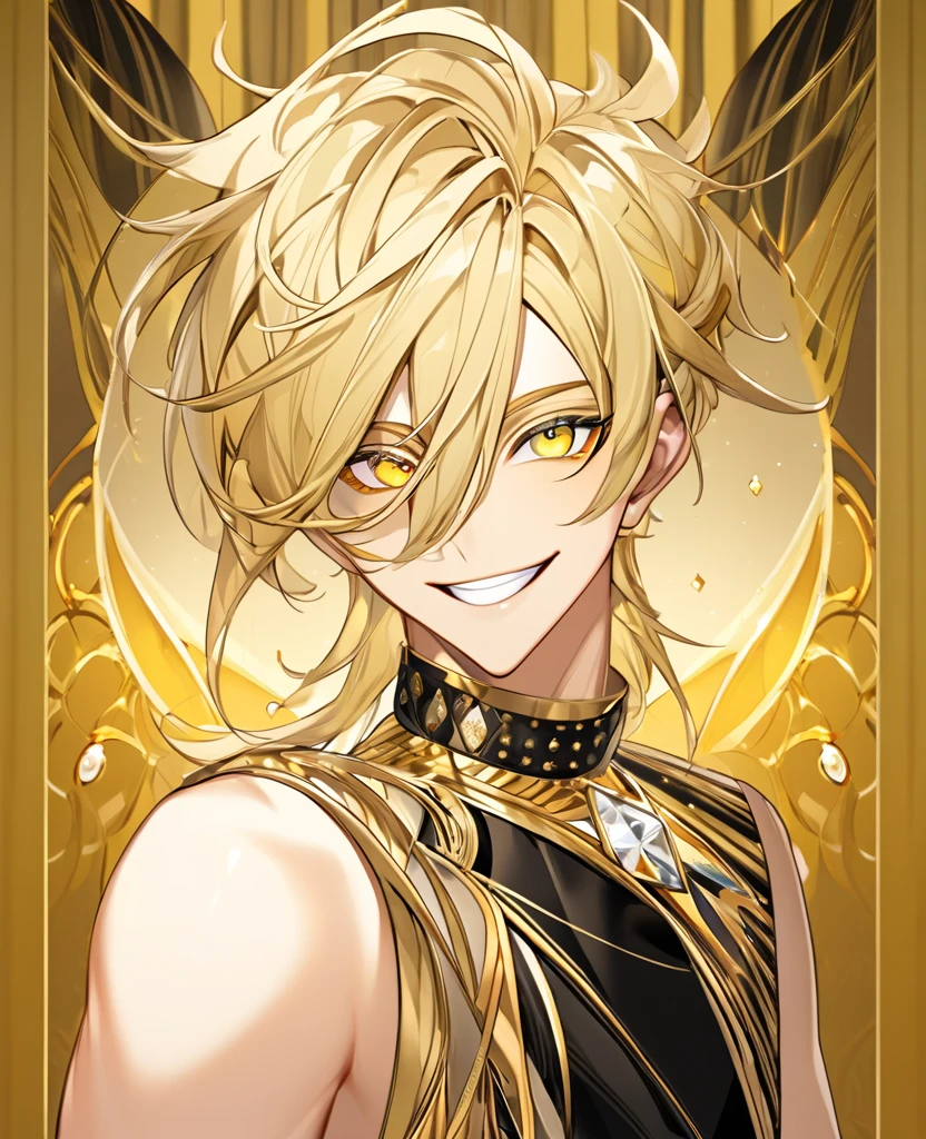 (Blonde_hair), (Golden_crystal_eyes), (detailed_eyes), (crazy_smile), (attractive), (background_lounge), (Mesmerizing_eyes), (male), (detailed_Hair), (detailed),