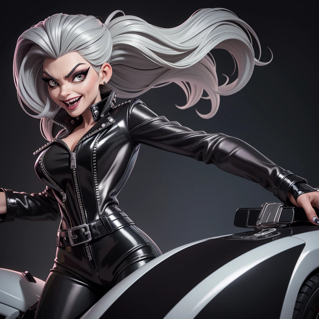 obra prima, melhor qualidade, (cruella deville, michelle pfeiffer, vamp 70yo face wrinkles,) head back, sassy wicked girl, big toothy smile, open mouth, maniacal, extreme, thick smoky black eye shadow, long fake eyelashes, raven black mullet hair, ((metallic silver pvc biker jacket and pants,)) with studs zippers snaps, shiny leather gloves, body is skinny, laying down on hood of sports car, shiny tight buttocks, dazzle, pinup, exaggerated selfie, lap dance, camera view of whole body, looking up at me, shallow depth of field, highres, HD, 8k, anatomically correct