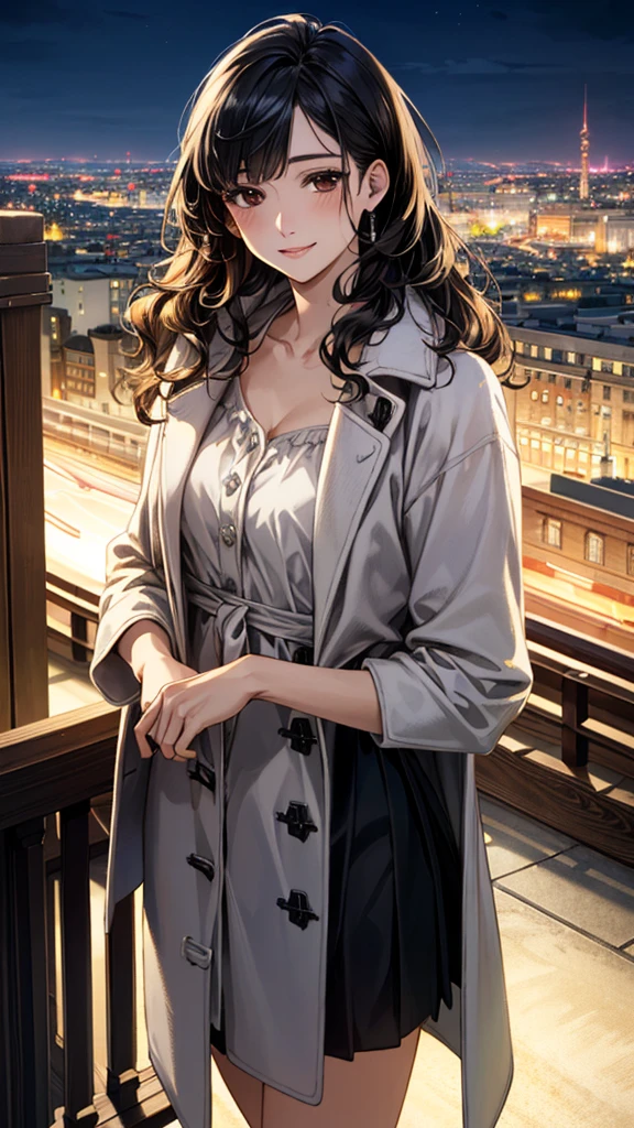 (masterpiece:1.2, Highest quality), (Realistic, photoRealistic:1.4), Beautiful illustrations, (Natural Side Lighting, Cinema Lighting), ,
View your viewers, 1 Girl, Japanese, 30 years old,Perfect Face, Cute and symmetrical face, Shiny skin,
(Medium Wavy Hair, Black Hair), Brown eyes, Long eyelashes,
Beautiful Hair, Beautiful Face, Beautiful attention to detail, Beautiful clavicle, Beautiful body, Beautiful breasts, Beautiful thighs, Beautiful feet, Beautiful fingers,
blouse, ((白いblouse, 開いた焦げ茶色のDuffle coat)), Duffle coat, Black Skirt, Hair Ribbon,
(Beautiful views), (night), (city, cityscape in the distance)、 Standing, A soft smile、(Smile, Lips parted),