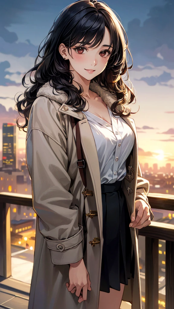 (masterpiece:1.2, Highest quality), (Realistic, photoRealistic:1.4), Beautiful illustrations, (Natural Side Lighting, Cinema Lighting), , 
View your viewers, 1 Girl, Japanese, 30 years old,Perfect Face, Cute and symmetrical face, Shiny skin, 
(Medium Wavy Hair, Black Hair), Brown eyes, Long eyelashes, 
Beautiful Hair, Beautiful Face, Beautiful attention to detail, Beautiful clavicle, Beautiful body, Beautiful breasts, Beautiful thighs, Beautiful feet, Beautiful fingers, 
blouse, ((白いblouse, 開いた焦げ茶色のDuffle coat)), Duffle coat, Black Skirt, Hair Ribbon, 
 (Beautiful views), (night), (city, cityscape in the distance)、 Standing, A soft smile、(Smile, Lips parted),