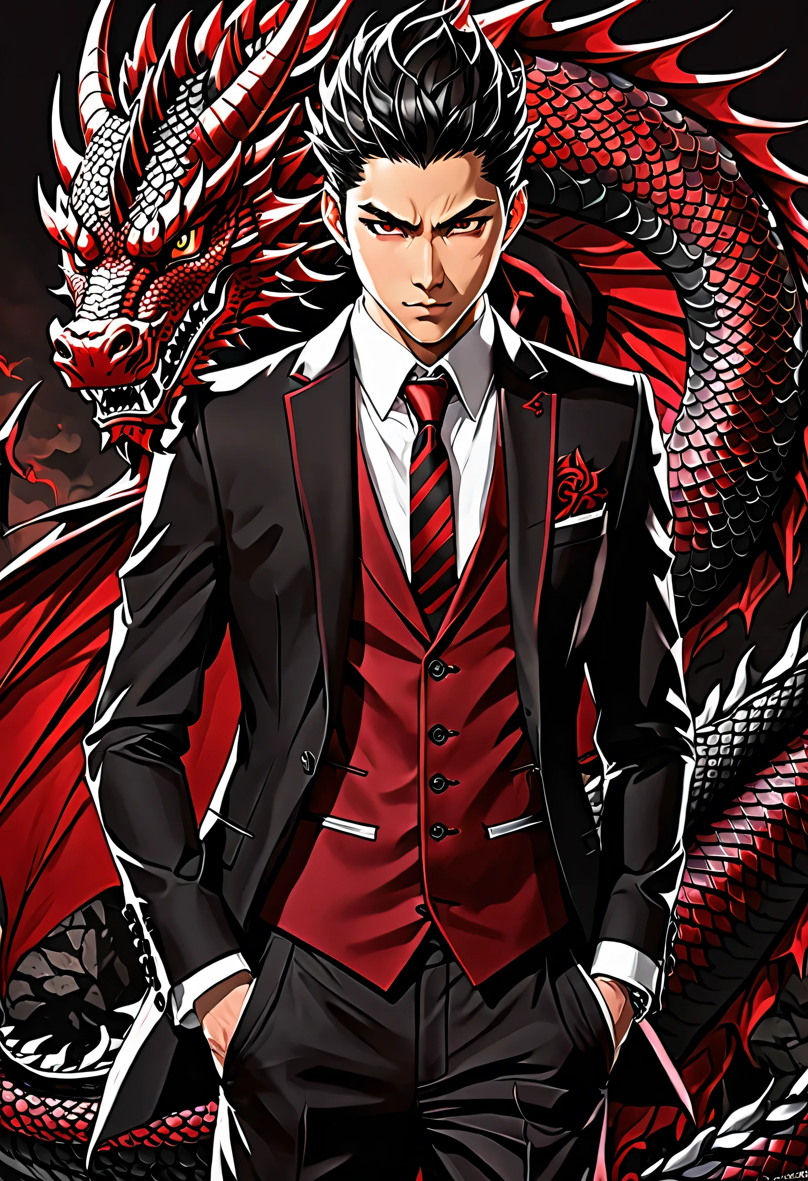 anime man in a suit and tie with a dragon in the background, dragon - inspired suit, by Yang J, human and dragon fusion, handsome japanese demon boy, handsome guy in demon slayer art, epic and classy portrait, trendin on artstation, by Oliver Sin, crimson attire, black and red suit, highly detailed exquisite fanart, handsome male vampire