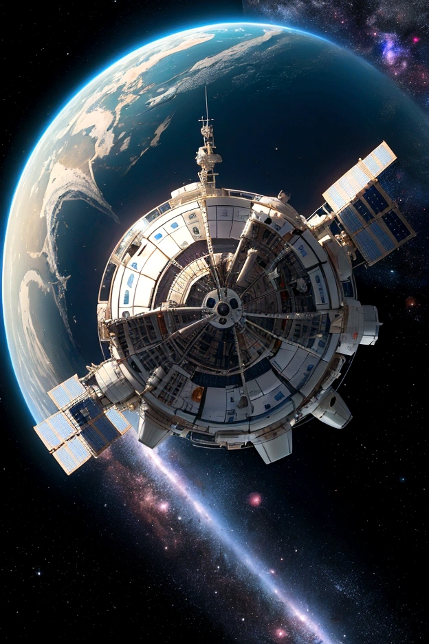 Space station floating on a planet