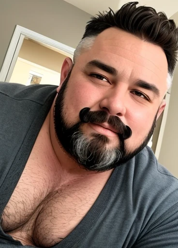 (handsome mature man plump chubby morbid extremely thick thighs bulging belly fat), older man, gray hair, white man, ( wearing,boots,stubble,police chief,bage,beard,old man,indoors,necktie,sitting,spread legs,), bulge, detailed glade on clothing, (fat and corpulent: 1.3), full beard very long, looking at the viewer, handsome man, detailed eyes, symmetrical face, mischievous smile, robust, mustache, longer hair, his body is lying sideways on the floor, front view.