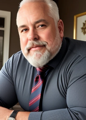 (handsome mature man plump chubby morbid extremely thick thighs bulging belly fat), older man, gray hair, white man, ( wearing,boots,stubble,police chief,bage,beard,old man,indoors,necktie,sitting,spread legs,), bulge, detailed glade on clothing, (fat and corpulent: 1.3), full beard very long, looking at the viewer, handsome man, detailed eyes, symmetrical face, mischievous smile, robust, mustache, longer hair, his body is lying sideways on the floor, front view.