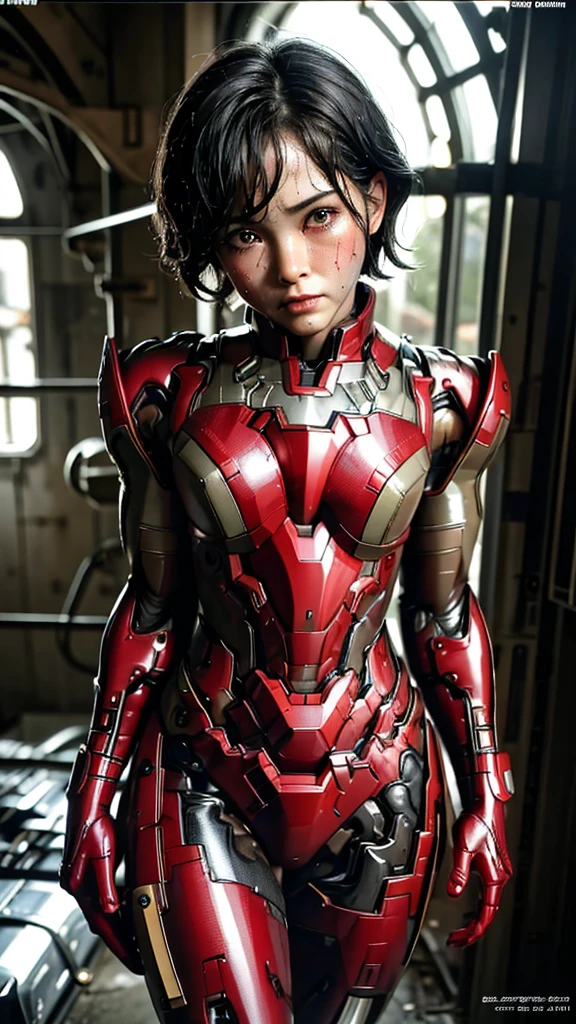 Highest quality 8k Red Iron Man Suit Girl Middle-aged women Sweaty face cute short hair boyish Steam coming out of my head My hair is wet with sweat The feel of black hair Full body portrait My upper body is soaked I can see the vagina Lying on the bed Headgear
