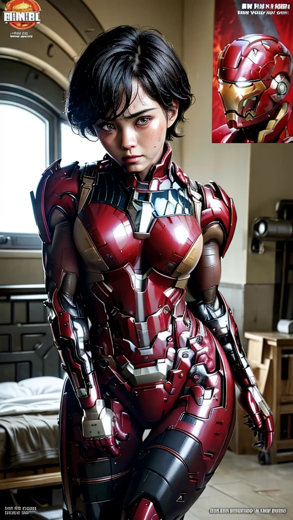 Highest quality　8k Red Iron Man Suit Girl　Middle-aged women　Sweaty face　cute　short hair　boyish　Steam coming out of my head　My hair is wet with sweat　The feel of black hair　Full body portrait　My upper body is soaked　 　I can see the vagina　Lying on the bed Headgear