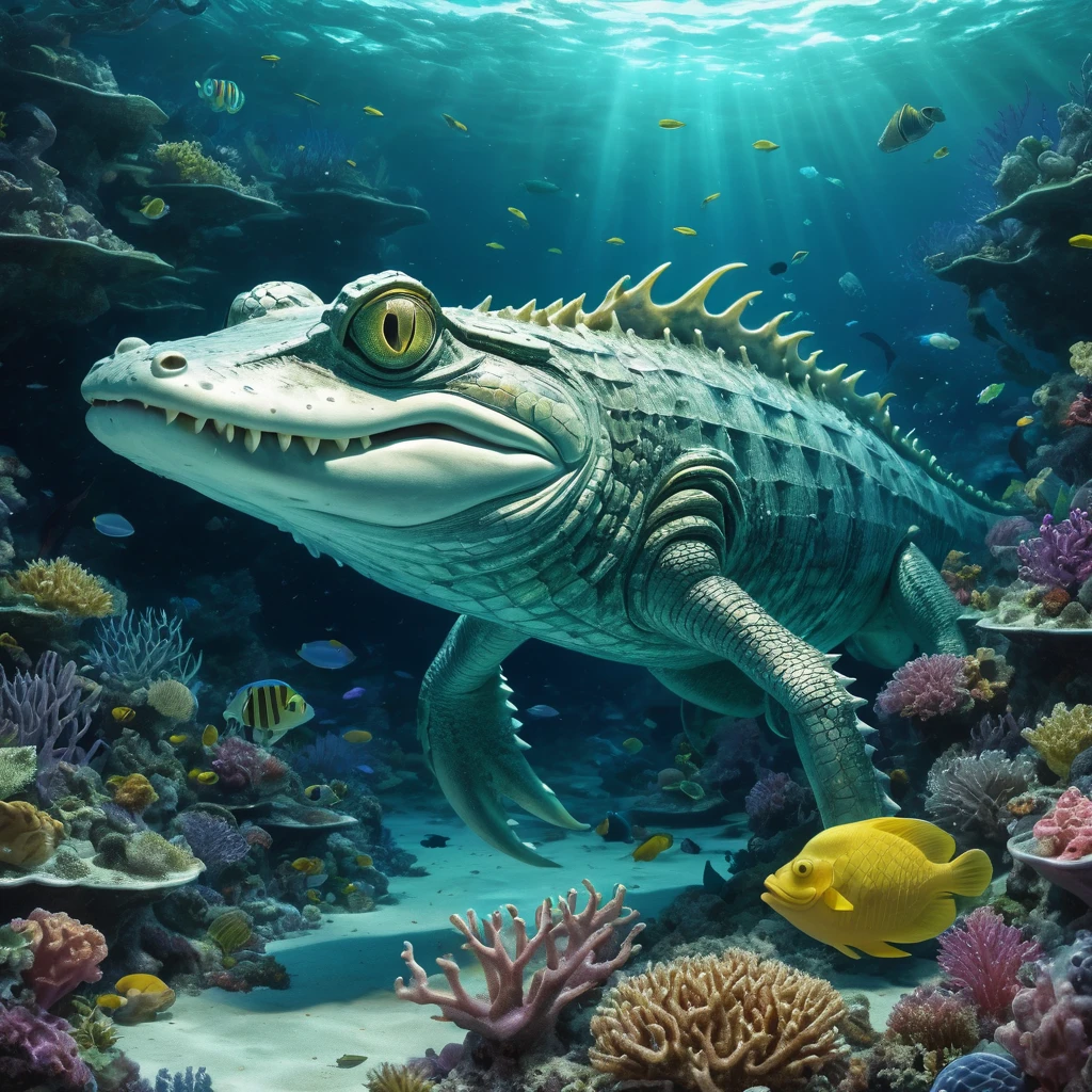 Create an incredibly imaginative and visually stunning image featuring an "Anthropomorphic Alligator Fish." Picture a fantastical underwater world where an alligator fish, with the body of a fish and the head and limbs of an alligator, is the central figure. The creature is standing upright, wearing a regal, intricately designed armor made of seashells, coral, and bioluminescent materials that glow softly in the deep ocean.

In the background, a vibrant underwater kingdom teems with life, featuring colorful coral reefs, swaying sea plants, and schools of exotic fish. Ancient ruins of a lost civilization can be seen, partially covered in marine growth, adding a sense of mystery and history.

The anthropomorphic alligator fish holds a trident made of shimmering pearls and gold, exuding authority and power. Surrounding the creature are smaller sea creatures and marine companions, each with unique and whimsical designs, enhancing the fantastical atmosphere.

The color palette should be rich and diverse, with deep blues and greens of the ocean contrasted by the bright, glowing accents of the bioluminescent elements and the vibrant colors of the marine life. Use detailed, flowing lines to capture the intricate patterns and textures of the underwater environment and the creature’s armor.

The entire image should evoke a sense of wonder, adventure, and the surreal beauty of a magical underwater world, blending elements of fantasy and marine life to create a truly captivating and unique masterpiece.