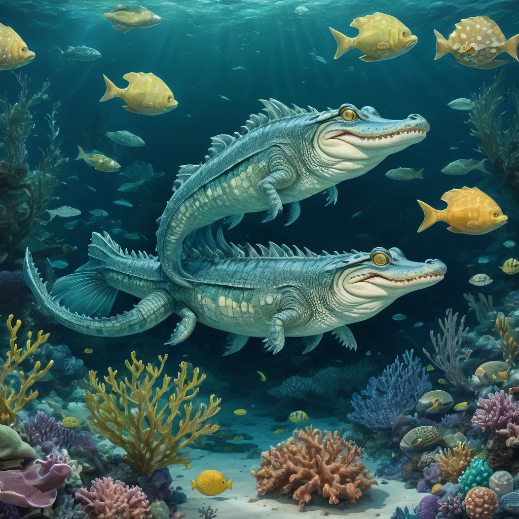 Create an incredibly imaginative and visually stunning image featuring an "Anthropomorphic Alligator Fish." Picture a fantastical underwater world where an alligator fish, with the body of a fish and the head and limbs of an alligator, is the central figure. The creature is standing upright, wearing a regal, intricately designed armor made of seashells, coral, and bioluminescent materials that glow softly in the deep ocean.
In the background, a vibrant underwater kingdom teems with life, featuring colorful coral reefs, swaying sea plants, and schools of exotic fish. Ancient ruins of a lost civilization can be seen, partially covered in marine growth, adding a sense of mystery and history.
The anthropomorphic alligator fish holds a trident made of shimmering pearls and gold, exuding authority and power. Surrounding the creature are smaller sea creatures and marine companions, each with unique and whimsical designs, enhancing the fantastical atmosphere.
The color palette should be rich and diverse, with deep blues and greens of the ocean contrasted by the bright, glowing accents of the bioluminescent elements and the vibrant colors of the marine life. Use detailed, flowing lines to capture the intricate patterns and textures of the underwater environment and the creature’s armor.
The entire image should evoke a sense of wonder, adventure, and the surreal beauty of a magical underwater world, blending elements of fantasy and marine life to create a truly captivating and unique masterpiece.
