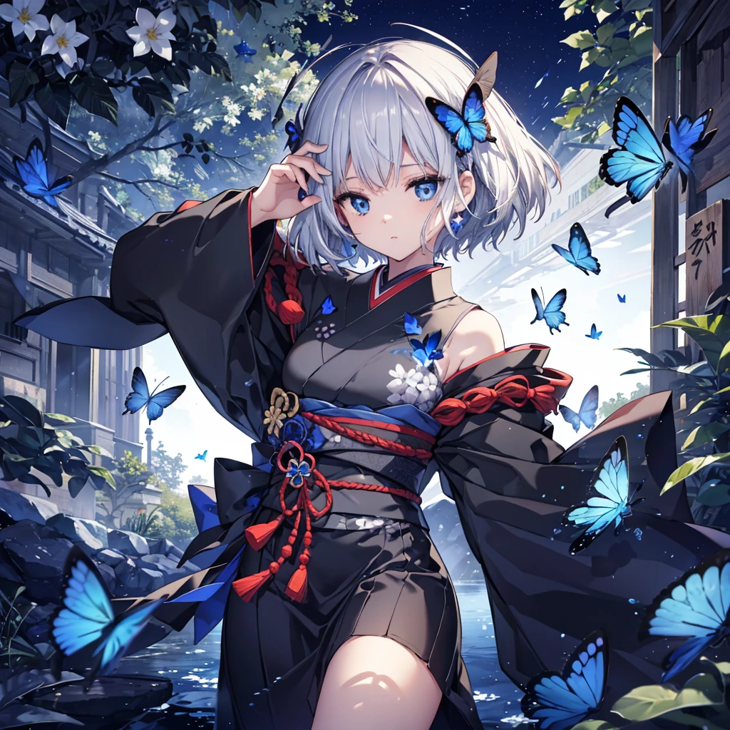 ((High resolution Gray Hair short hair Black kimono Shoulder)) ((Black Band military commander Lonely despair blue eyes)) ((Blue Butterfly night Japanese style old Shining Aura garden water surface 1 person woman)) (dance 日本knife knife Slashing) moon star Draw your sword Slashing Catch the wind