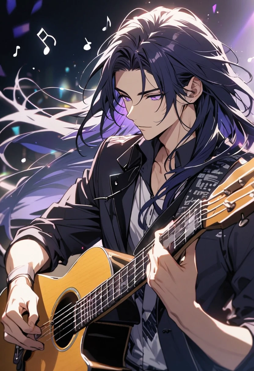 male, handsome, parted bang, long hair, navy hair, musician, purple eyes, music notes