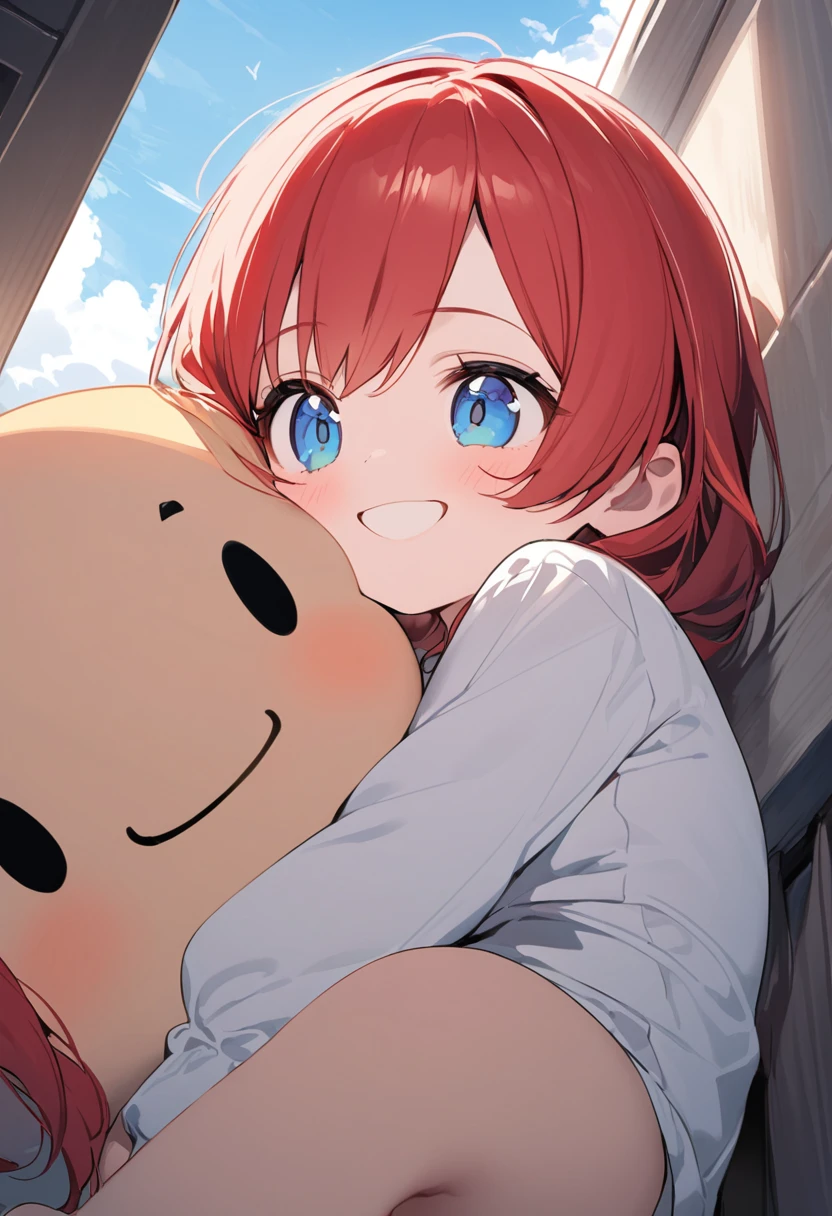 A tall baby of 1.90 cm with red hair, blue eyes like the sky and very beautiful with a cocky smile