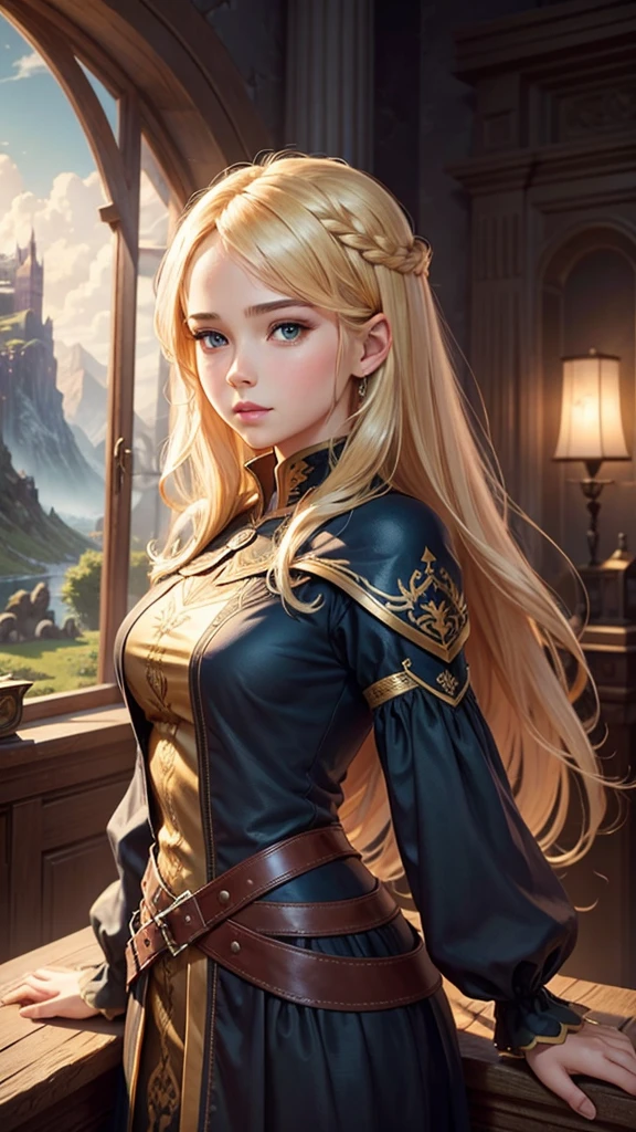 (masterpiece), (best quality), illustration, (fantasy:1.4), perfect female face, solo, cute detailed digital art, beautiful face, golden hair, castle, mountain, a young woman, , paper_cut