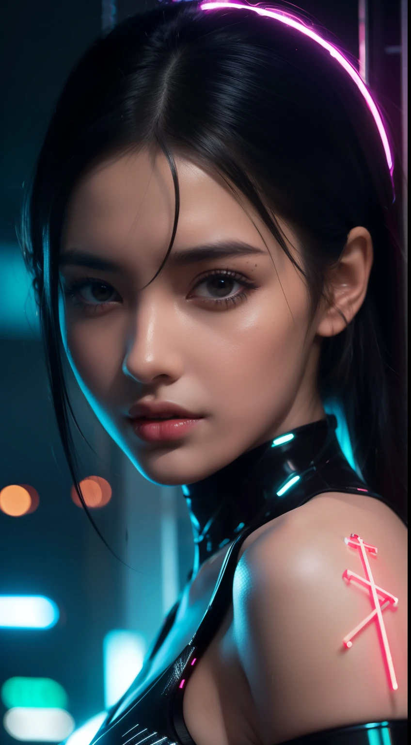 Masterpiece of Unparalleled Quality and Ultra High Resolution, Photorealistic (1.4), showcases a single Mechanical Girl with Black Hair, glossy skin, and richly detailed mechanical limbs, intricately designed ornaments, and components seamlessly integrated with her structure.

The Portrait, rendered with Octane, features Global Illumination and Shadows, creating a realistic and captivating atmosphere. The Model's Purple Eyes, with a subtle glow, reflect intriguing emotions as she faces the camera. Neon details add an electrifying touch to the overall composition, highlighting the Cyberpunk aesthetic.

Mechanical Vertebrae