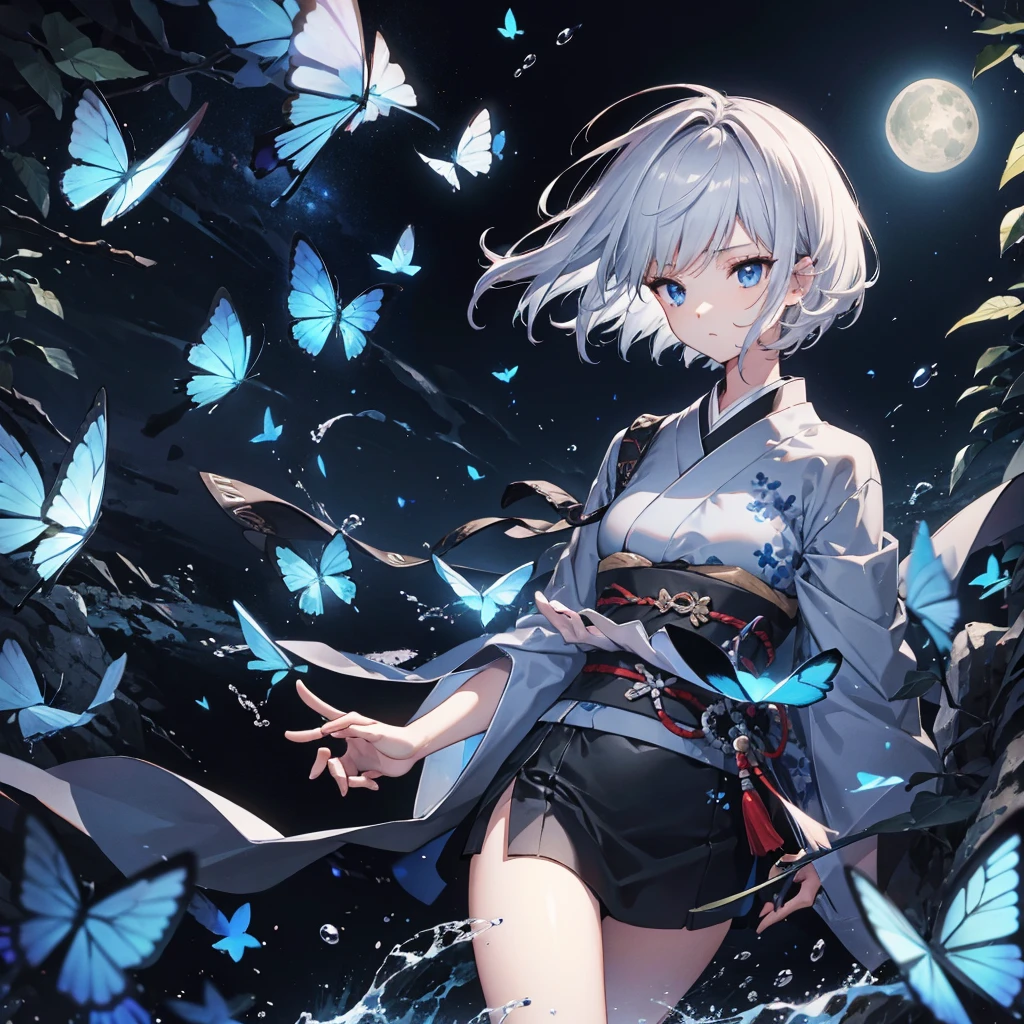 ((High resolution Gray Hair short hair Black kimono Shoulder)) ((Black Band military commander Lonely despair blue eyes)) ((Blue Butterfly night Japanese style old Shining Aura garden water surface 1 person)) (dance 日本knife knife Slashing) moon star Draw your sword Slashing Catch the wind