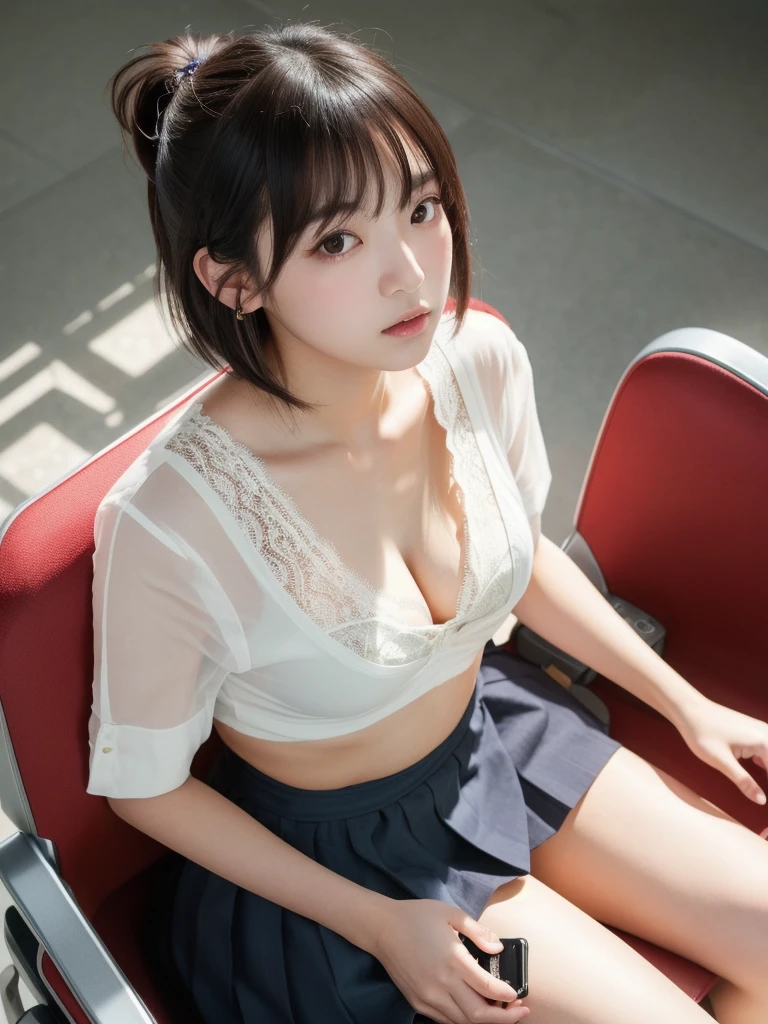 (8k, Photorealistic, Raw photo, Highest quality: 1.4),Japanese idol-style beautiful girl,1 person,,Hairstyle(Short Bob,Black,Disheveled and disheveled),She has her hair tucked behind her ears,Large, clear grey eyes,Long eyelashes,Plump Cheeks,Thin and delicate shoulders,Cute lace bra,thin abdomen,Open shirt(Unbutton the front and open it completely :1.5,Hemming out),(Pleated skirt),School classroom,(Sit on a chair(Spread your legs wide:1.4,Hands between legs,slouch)),(Portrait(The camera is looking up at her from about seat height. :1.4))