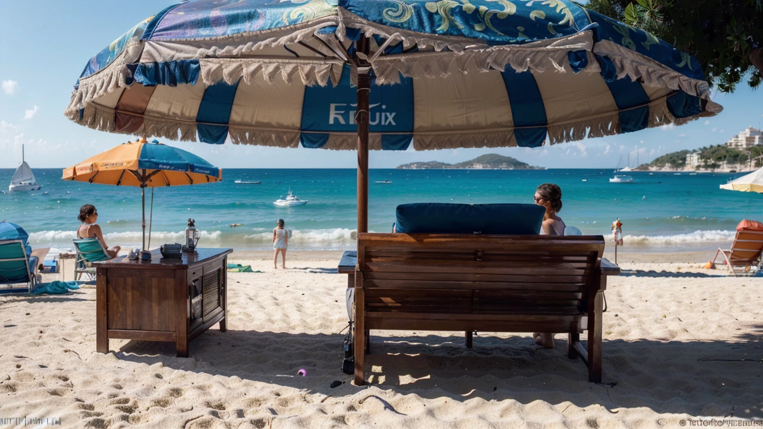 (ultra-high definition, hyper-realistic, highly detailed, high quality, sharp focus, professional lighting, vivid colors, intricate details), (beach in Ibiza Spain background with beach umbrella, water, yachts, boats, detailed architecture, people, vibrant atmosphere), (best quality,4k,8k,16k,Highest,masterpiece:1.2),(realistic,photorealistic,photo-realistic:1.37), (extremely detailed CG unit, 16k wallpaper), 16k UHD, 16k HDR, Fujifilm XT3 sharp focus, professional lighting, vivid colors, intricate details, film grain, Fujifilm XT3 realistic painting art, f5.6, Utilize state-of-the-art deep learning models and adjust parameters according to quality metrics such as Structural Similarity (SSIM) and Perceptual Loss to create an image that is indistinguishable from a real, high-quality photograph, fine-tuning, (be creative),
