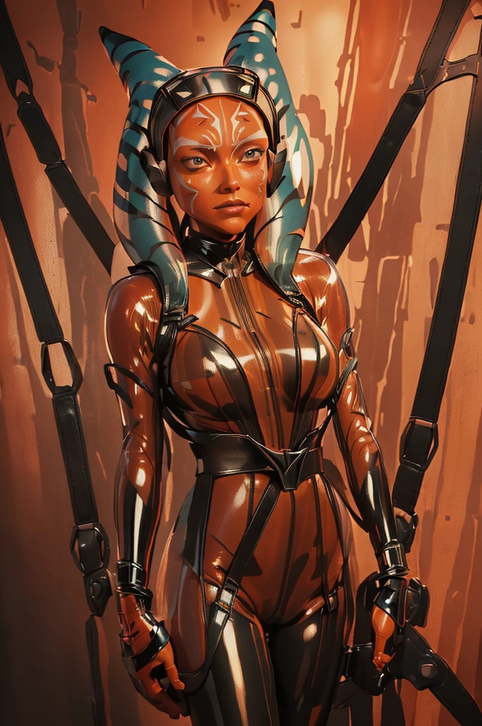 (Character: one very beautiful ahsoka hugging (cute face ahsoka ,) (Clothing: ((transparent Latex bodysuit,big leather harness,seamless suit,arms bound)))(Background: fetish , red lights) ((Style: Shiniez, masterpiece, best quality, fine detail, perfect face))