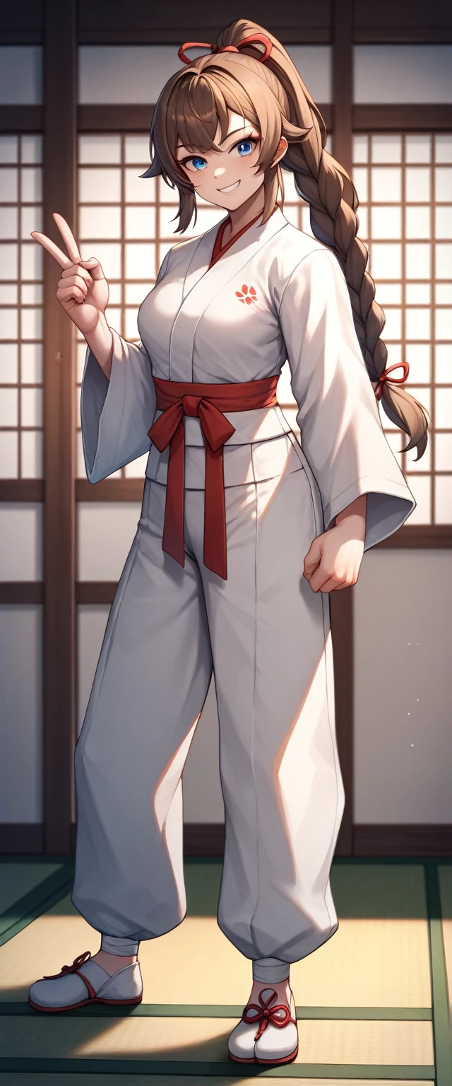 highres, 1girl, young female martial artist, around 20 years old, frontal view, slight smile, chinese martial arts practitioner, pink martial arts uniform, red color scheme, long braided hair, brown hair, ponytail, red ribbon, looking at viewer, smile, solo, blue eyes, vtuber