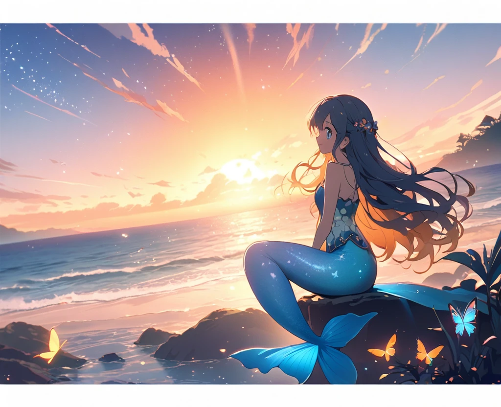 Mermaid Shadow、The main event is the sunrise.、Small butterfly、Starry Skyと朝日、coastline、A fantastic butterfly、The image shows a little mermaid,Anime-style digital painting of a horizon landscape, wonderful, Atmospheric,Low angle of soft and warm sunset light, A palette of soft tones of blue and orange accentuating the horizon,Small mermaids and butterflies appear in the background..、Starry Sky