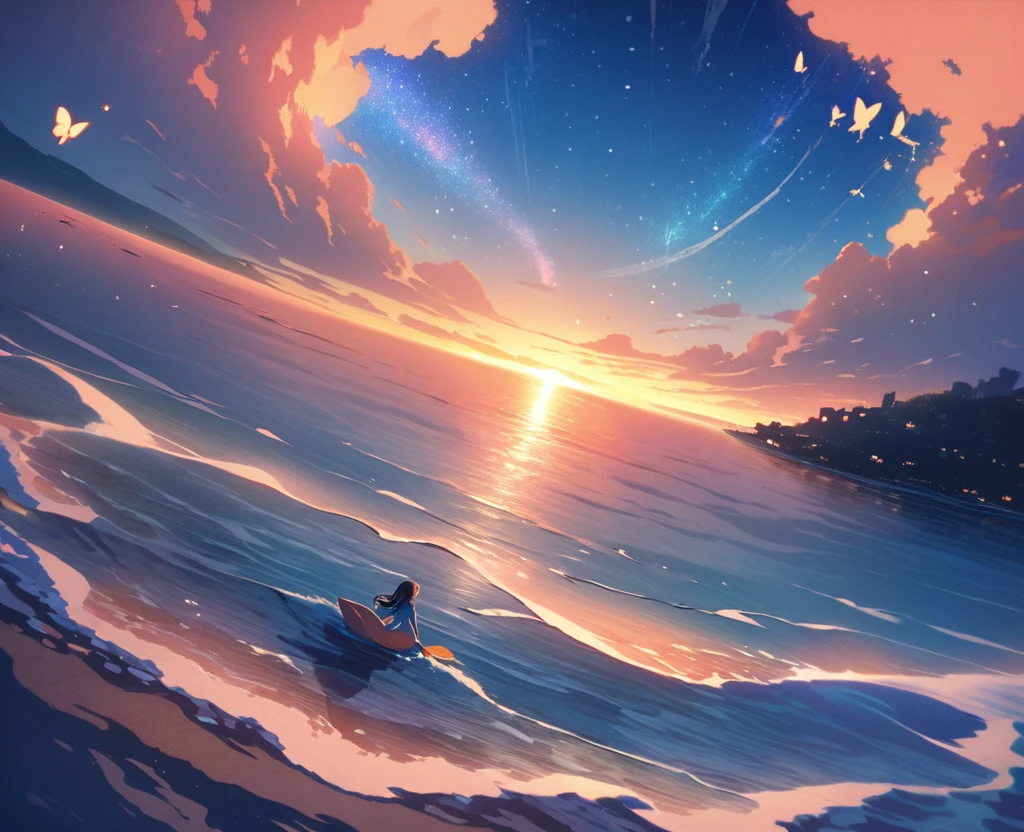 Mermaid Shadow、The main event is the sunrise.、Small butterfly、Starry Skyと朝日、coastline、A fantastic butterfly、The image shows a little mermaid,Anime-style digital painting of a horizon landscape, wonderful, Atmospheric,Low angle of soft and warm sunset light, A palette of soft tones of blue and orange accentuating the horizon,Small mermaids and butterflies appear in the background..、Starry Sky