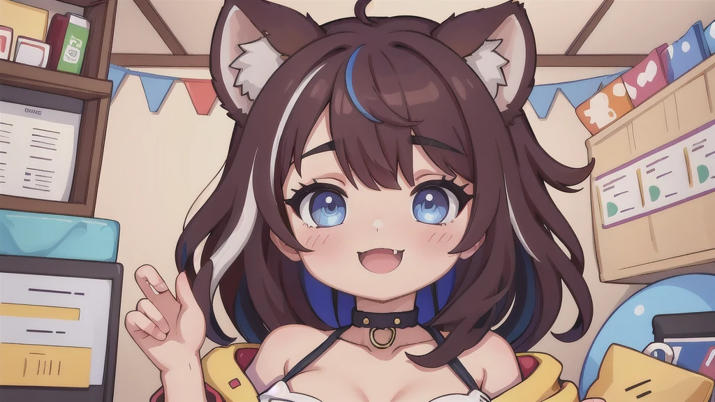 Rakkun, 1girl, solo, breasts, looking at viewer, smile, short hair, open mouth, bangs, blue eyes, large breasts, brown hair, shirt, long sleeves, animal ears, cleavage, hair between eyes, bare shoulders, collarbone, jacket, upper body, red hair, multicolored hair, choker, fang, virtual youtuber, blurry, two-tone hair, streaked hair, halterneck, white choker, ;d, bandaid, skin fang, brown jacket, colored inner hair, multicolored eyes, bandaid on face, photo, raccoon ears, bear ears, colored tips, bandaid on nose, raccoon girl,