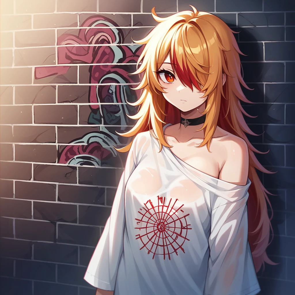 ultra realistic 8k cg, masterpiece, ((ultra detailed background, delicate pattern, intricate detail)), best quality, intricate details, chromatic aberration, 1girl, long hair, golden hair, messy hair, red highlights, hair over one eye, sharp eyes, choker, brick wall, graffiti, dim lighting, alley, oversized shirt,off shoulder, see through white shirt, Masterpiece, best quality