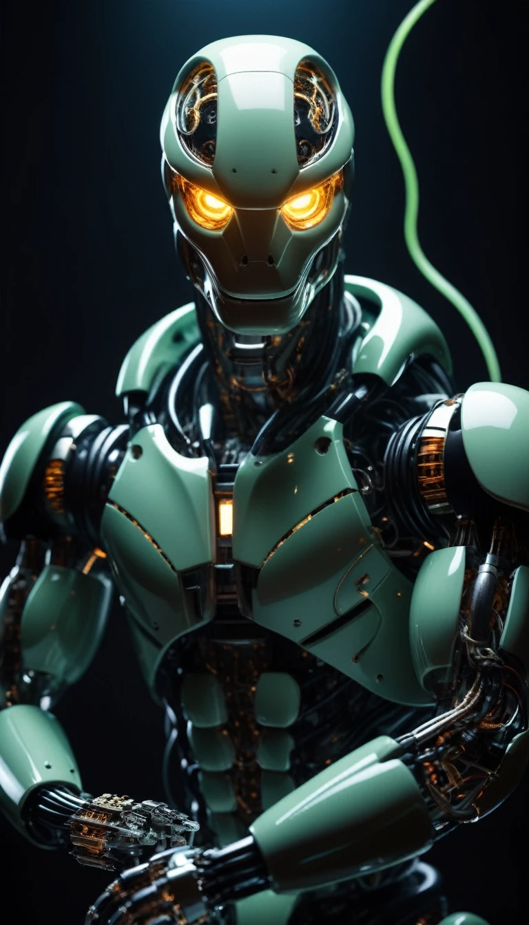 Translucent movie stills (Snake robot:1.5), (Glowing Veins:1.3) (The cable enters the body, circuit:1.3), Very detailed, Vignette, Very detailed, High budget, Bokeh, Sulky, amazing, nice, Film Grain, granular